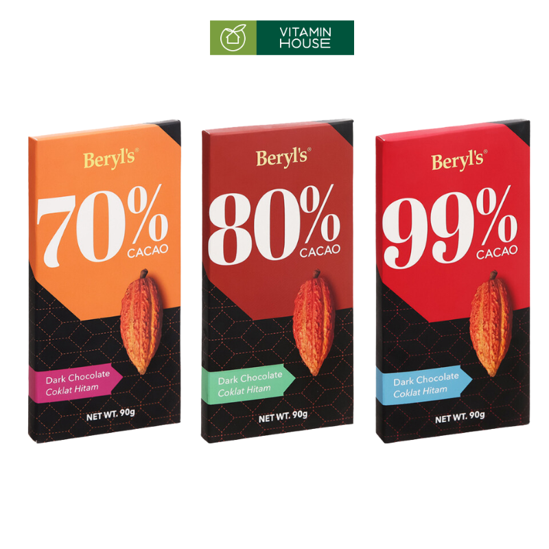 Thanh Chocolate Đắng Beryls Không Đường Cacao 90g