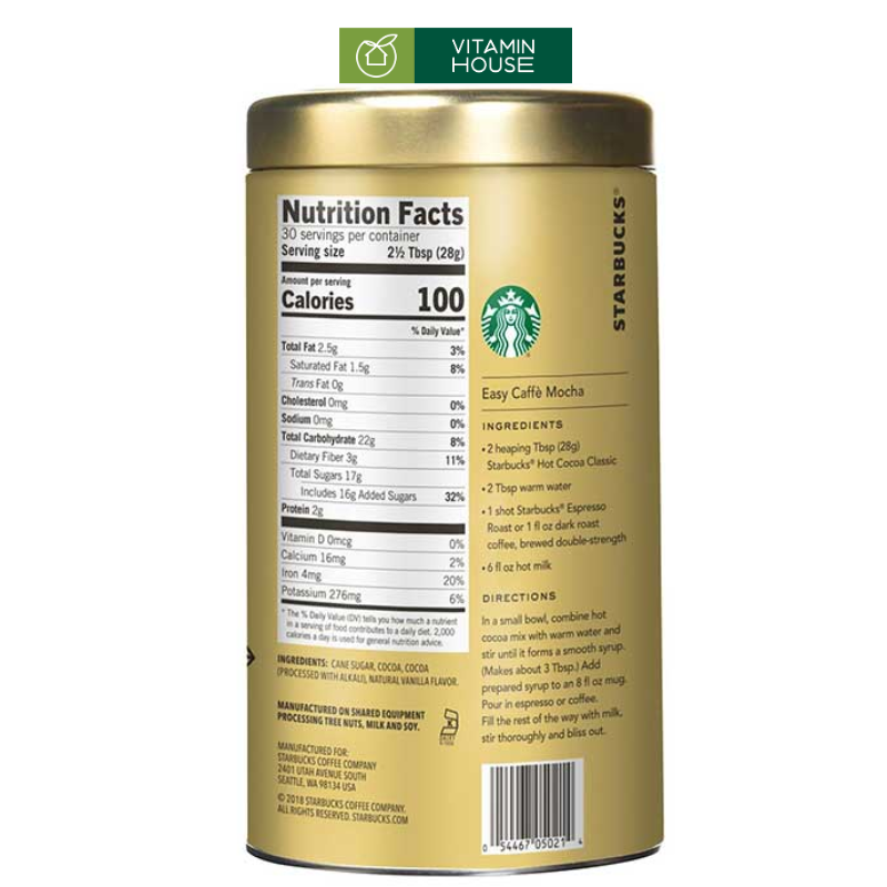 Bột Hot Cocoa Classic Starbucks Mỹ Hộp 850g